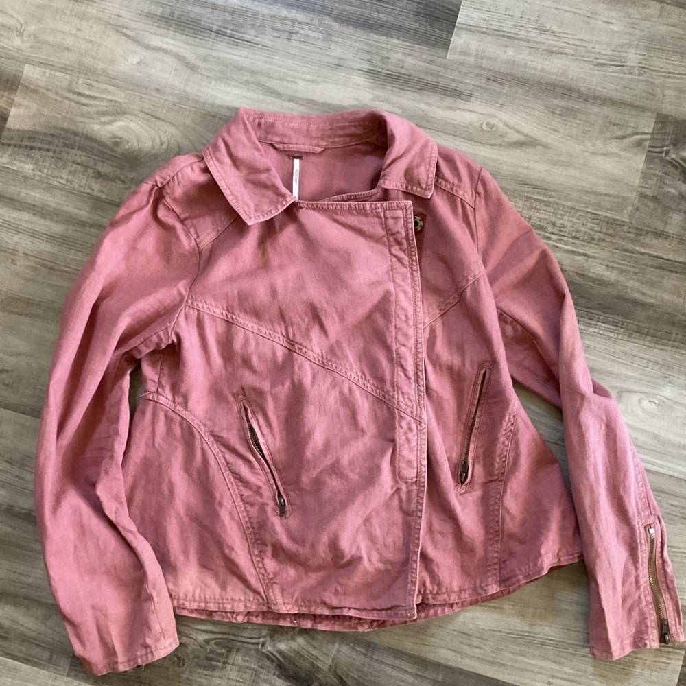 Free People Rosewood Linen Moto Style Jacket Zipper Pockets Snap Close M - Picture 4 of 6
